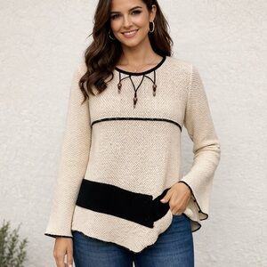 Vintage Cream and Black Beads and Buttons Sweater Women's Size M